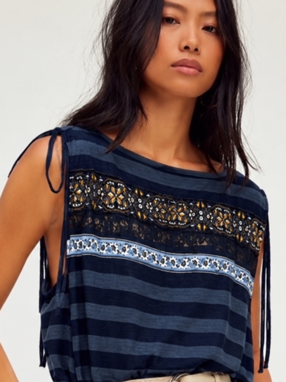 Free People Medley Drawstring Sleeve Striped Top